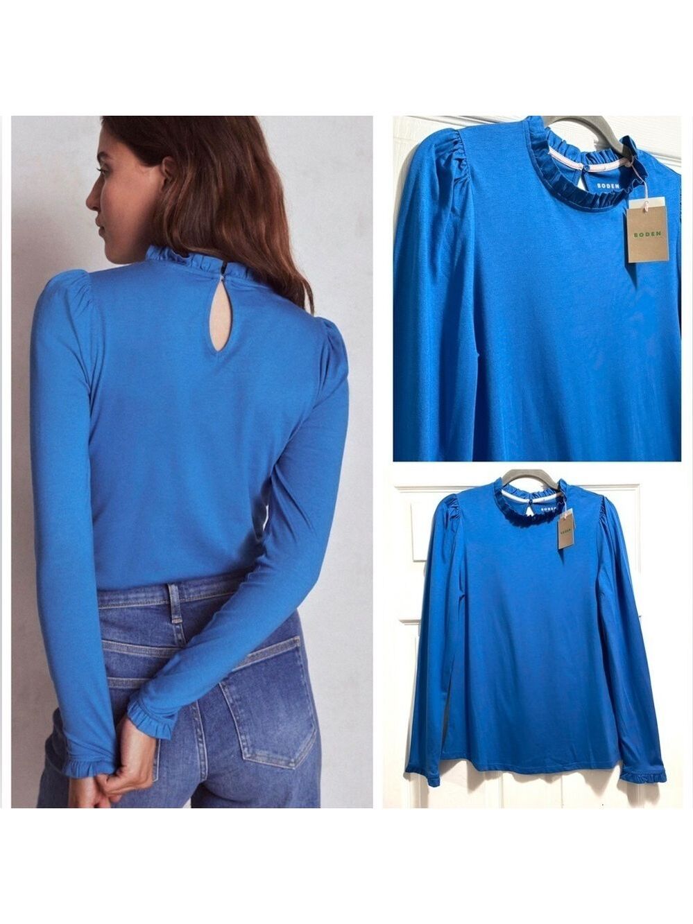 NWT Boden Supersoft Frill Detail Top Ruffles Long Sleeve Royal Blue Size 10 NEW